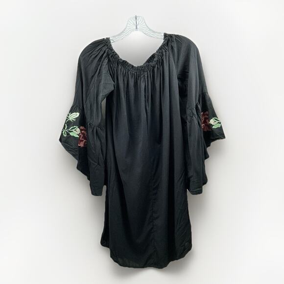 Blue Rain Women’s Black Boho Peasant Dress Small Bell Sleeves Floral Embroidered - Picture 2 of 7